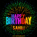 A colorful animated GIF featuring the text 'Happy Birthday Sahil!' in rainbow colors with a dynamic iridescent firework display in the background.