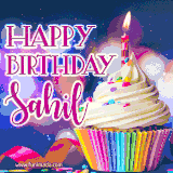A festive animated GIF featuring a colorful cupcake with a single lit candle, sprinkles, and 'Happy Birthday Sahil' text against a sparkling, celebratory background.