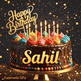 Cute chocolate cake animation with Sahil's name, decorated with glowing birthday candles and multicolored icing.