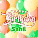 Animated GIF featuring colorful balloons in the background with the cheerful text 'Happy Birthday Sahil'.