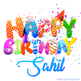 Animated GIF with colorful, festive 'Happy Birthday Sahil' text decorated with patterns, a party hat, and falling confetti. A vibrant and cheerful design for birthday celebrations.