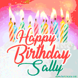 Bright birthday candles with rainbow flames on a cake, alongside the text 'Happy Birthday Sally' in vibrant script in this celebratory animated GIF.