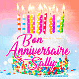 A white birthday cake covered in colorful sprinkles, topped with bright candles, and French text 'Bon Anniversaire Sally' on a pastel gradient background in an animated GIF.