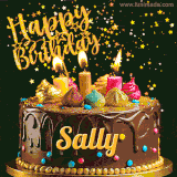 A delightful chocolate birthday cake with bright candles and 'Happy Birthday Sally' written in gold amidst a shower of animated stars.