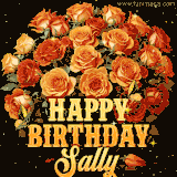 Animated bouquet of orange roses with moving butterfles and golden 'Happy Birthday Sally' text, surrounded by sparkling accents and a dark backdrop for a luxurious feel.