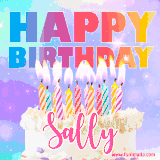 A vibrant animated name GIF with the words 'Happy Birthday Sally' with colorful candles on a creamy cake. The background sparkles with pastel shades, adding a festive touch.