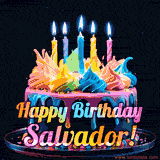 A vibrant animated GIF featuring a colorful rotating birthday cake with bright frosting swirls, glowing candles, and the text 'Happy Birthday Salvador!' in rainbow colors.
