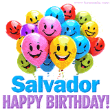 An animated birthday-themed name GIF with colorful smiling balloons and bold 'Salvador, Happy Birthday!' text for a celebratory touch.