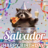 Animated birthday card personalized for Salvador. The lovable trash panda toasts with pizza and a drink, celebrating amidst colorful confetti and streamers.