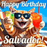 A cheerful cat wearing sunglasses, enjoying drinks on a sunny beach chair, with the text 'Happy Birthday Salvador!' in bright letters.