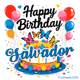 Elegant black lettering saying Happy Birthday above a colorful floral cake with balloons, made for Salvador.
