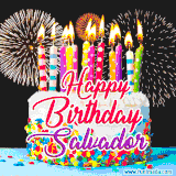 A lively happy birthday animated GIF showcasing a colorful birthday cake covered in sprinkles, topped with glowing candles, and surrounded by vibrant fireworks. The name 'Salvador' is featured in elegant script.