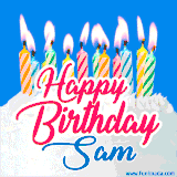 A cheerful animated GIF featuring colorful lit birthday candles on a white cake, with the text 'Happy Birthday Sam' in bold red and blue script on a bright blue background.