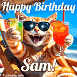 A cheerful cat wearing sunglasses, enjoying drinks on a sunny beach chair, with the text 'Happy Birthday Sam!' in bright letters.