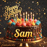 A birthday cake with colorful frosting swirls, burning candles, and the name Sam on a dark, sparkly background.