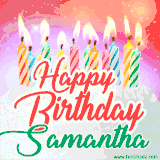 Bright birthday candles with rainbow flames on a cake, alongside the text 'Happy Birthday Samantha' in vibrant script in this celebratory animated GIF.