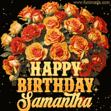 Animated bouquet of orange roses with moving butterfles and golden 'Happy Birthday Samantha' text, surrounded by sparkling accents and a dark backdrop for a luxurious feel.