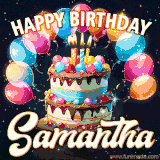 Bright birthday animation for Samantha with a chocolate cake, candles, balloons, and glowing celebratory lights.