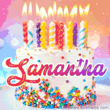 A cheerful white birthday cake with multicolor sprinkles, lit candles, and 'Samantha' written in vibrant letters, in an animated GIF.