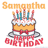 Cartoon birthday cake with a red bow, glowing candles, and 'Samantha Happy Birthday' text in bold animated style.