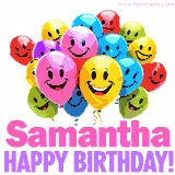 Animated colorful and joyful birthday balloons with cheerful smiles and a bright 'Happy Birthday Samantha!' message in pink and purple.