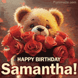 Cinematic style cute animated teddy bear with charming features holding a large bouquet of red roses, the words say 'Happy Birthday Samantha' in sans serif font.