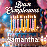 Birthday cake topped with pink and yellow lit candles, surrounded by glowing bokeh lights and party balloons. The greeting 'Buon Compleanno Samantha GIF!' is displayed.