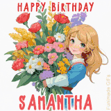 Bright floral birthday animation for Samantha showing a cute cartoon girl with golden hair and expressive eyes holding a huge bouquet, surrounded by birthday text.