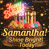 Bold golden lettering spelling Samantha! on a gourmet chocolate cake decorated with small colorful candies at the base.