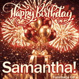 Bold red and white lettering spelling Samantha under a luxury red present decorated with shiny balloons.
