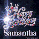 Custom birthday GIF for Samantha showing glittering diamond-encrusted letters and a royal crown on a dark starry background.
