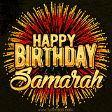 Golden 'Happy Birthday Samarah' text accompanied by animated rainbow fireworks for a festive animated greeting.