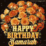 Animated bouquet of orange roses with moving butterfles and golden 'Happy Birthday Samarah' text, surrounded by sparkling accents and a dark backdrop for a luxurious feel.