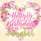 A stunning heart made of pink roses surrounds the elegant script text 'Happy Birthday Samarah' on a soft beige background. Animated sparkles add a magical and festive feel.