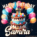 Hand-drawn happy birthday cake adorned with an arch of colorful balloons - name GIF for Samira