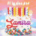 Personalized for Samira elegant birthday cake adorned with rainbow sprinkles, colorful candles and glitter