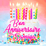 A white birthday cake covered in colorful sprinkles, topped with bright candles, and French text 'Bon Anniversaire Samiya' on a pastel gradient background in an animated GIF.