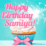 A festive cupcake with pink icing, a gingham bow, and a lit animated sparkler, paired with 'Happy Birthday Samiya!' in bright pink text.
