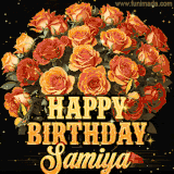 Animated bouquet of orange roses with moving butterfles and golden 'Happy Birthday Samiya' text, surrounded by sparkling accents and a dark backdrop for a luxurious feel.