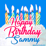 A cheerful animated GIF featuring colorful lit birthday candles on a white cake, with the text 'Happy Birthday Sammy' in bold red and blue script on a bright blue background.