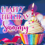 A festive animated GIF featuring a colorful cupcake with a single lit candle, sprinkles, and 'Happy Birthday Sammy' text against a sparkling, celebratory background.
