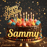 A personalized birthday cake for Sammy on a gold platter, surrounded by falling golden star confetti.