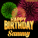 A captivating GIF with bursts of green, pink, and orange fireworks lighting up the night sky, accompanied by 'Happy Birthday Sammy' in glowing golden text.