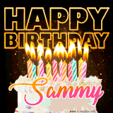 A vibrant animated GIF featuring a delicious birthday cake topped with glowing candles and the name 'Sammy' in elegant script, and the words 'Happy Birthday' on the black background.