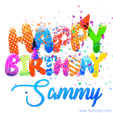 Animated GIF with colorful, festive 'Happy Birthday Sammy' text decorated with patterns, a party hat, and falling confetti. A vibrant and cheerful design for birthday celebrations.