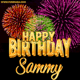 A golden 'Happy Birthday Sammy' message with vibrant fireworks in the background, creating a festive and celebratory vibe in this animated name GIF.