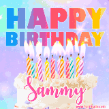 A vibrant animated name GIF with the words 'Happy Birthday Sammy' with colorful candles on a creamy cake. The background sparkles with pastel shades, adding a festive touch.