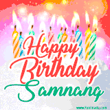 Bright birthday candles with rainbow flames on a cake, alongside the text 'Happy Birthday Samnang' in vibrant script in this celebratory animated GIF.