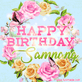 A charming animated GIF featuring 'Happy Birthday Samnang' in pink and green text, surrounded by delicate roses, leaves, and fluttering butterflies on a soft light blue pastel background.