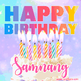 A vibrant animated name GIF with the words 'Happy Birthday Samnang' with colorful candles on a creamy cake. The background sparkles with pastel shades, adding a festive touch.